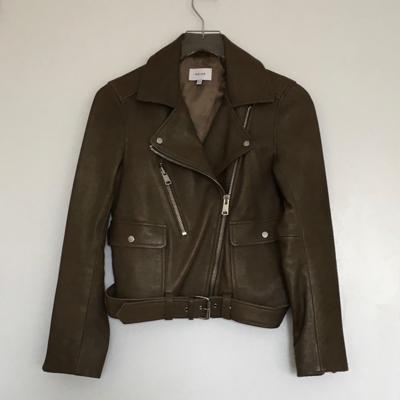 Reiss Kate Leather Biker Moto Jacket Khaki - Picture 6 of 8